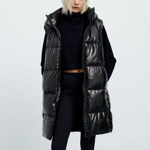 Zara Shiny Black Long Puffer Vest with Hood